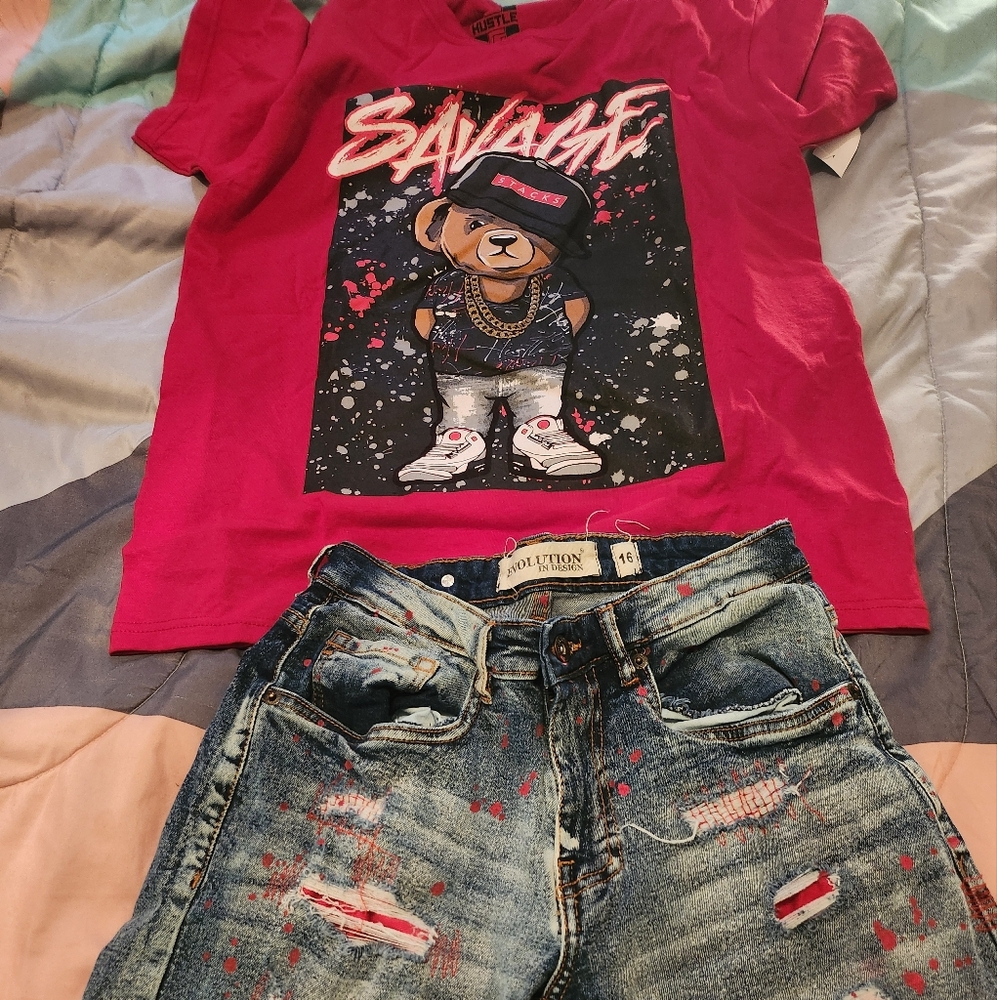 Red Hustle Bear Shirt with Jeans